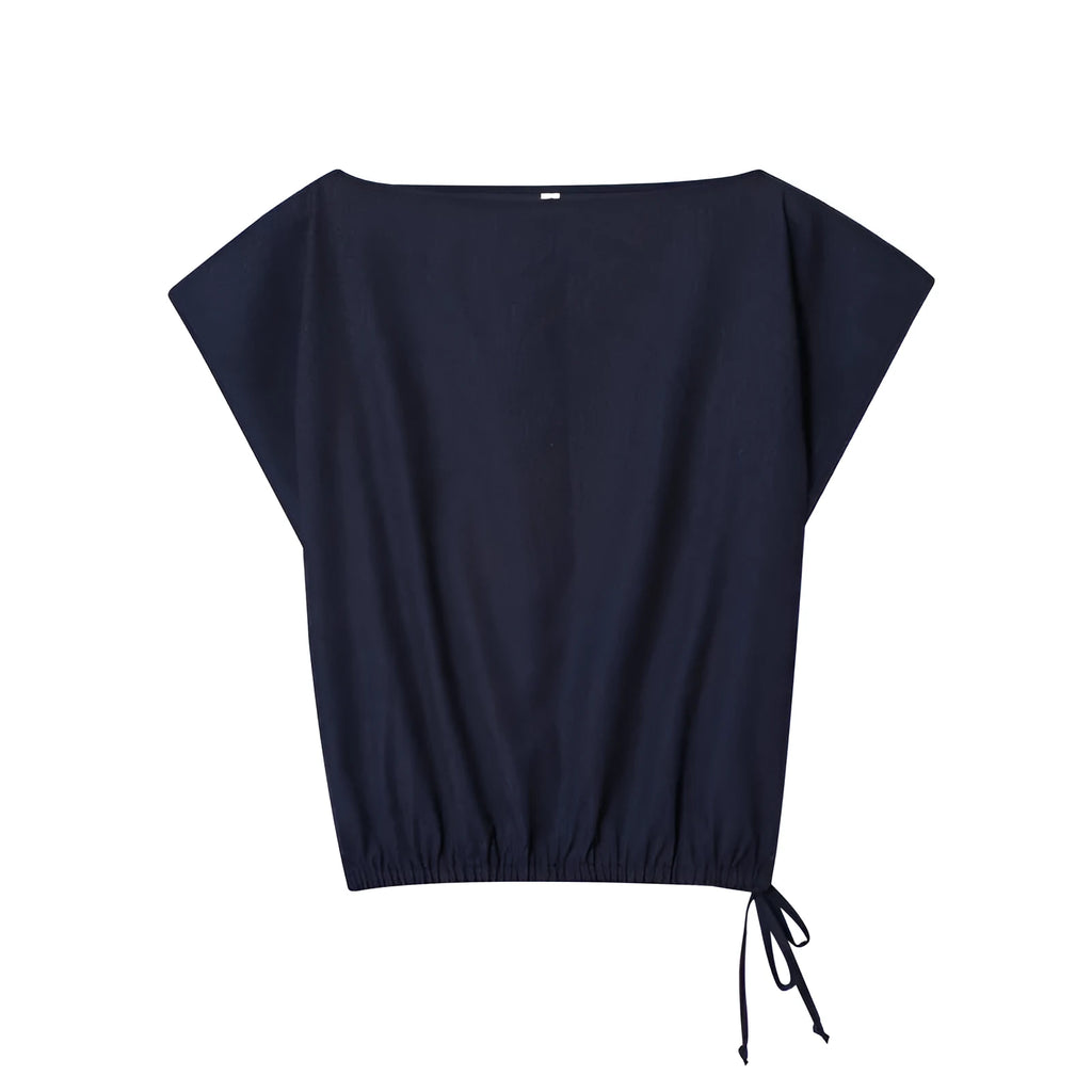 Women's off-neck linen-style shirt and wide-leg trousers set in a coordinated colour.