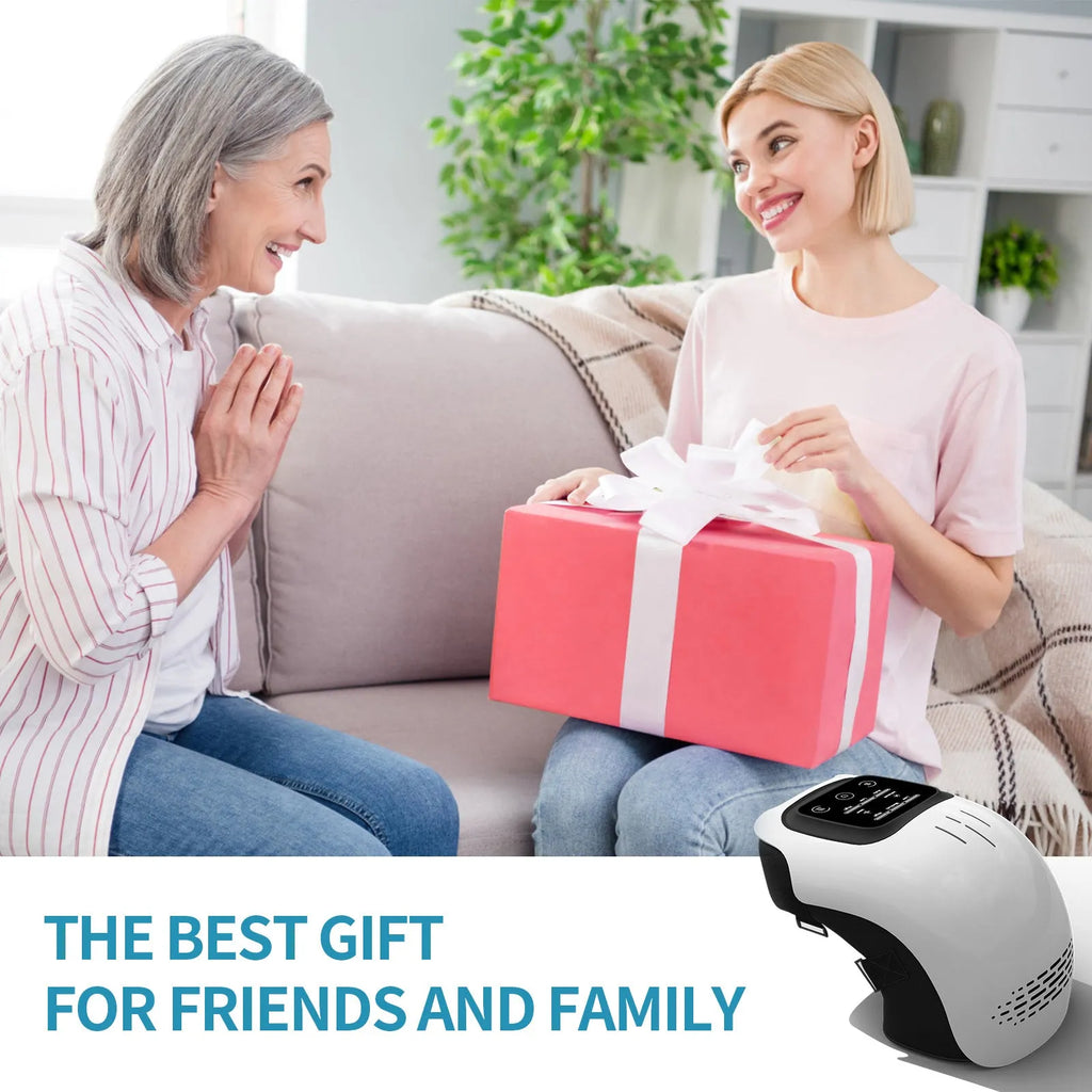 White rechargeable electric knee massager with infrared laser and heating for pain relief.