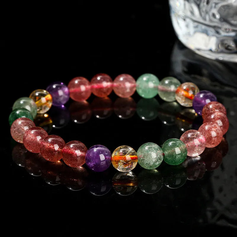 Strawberry quartz bracelet with round 7mm, 8mm, or 9mm beads and natural tourmaline colour styling
