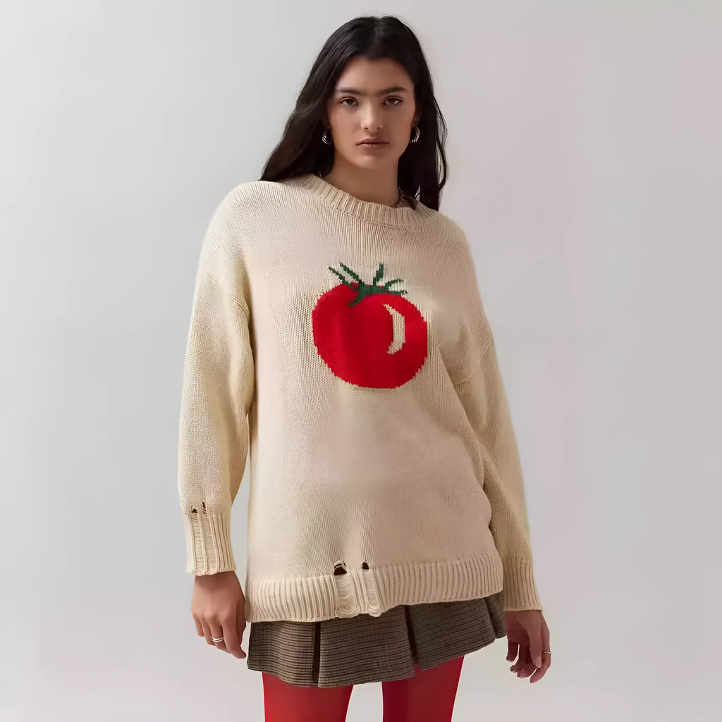 Women's milky white acrylic jacquard pullover sweater with round neck and loose fit