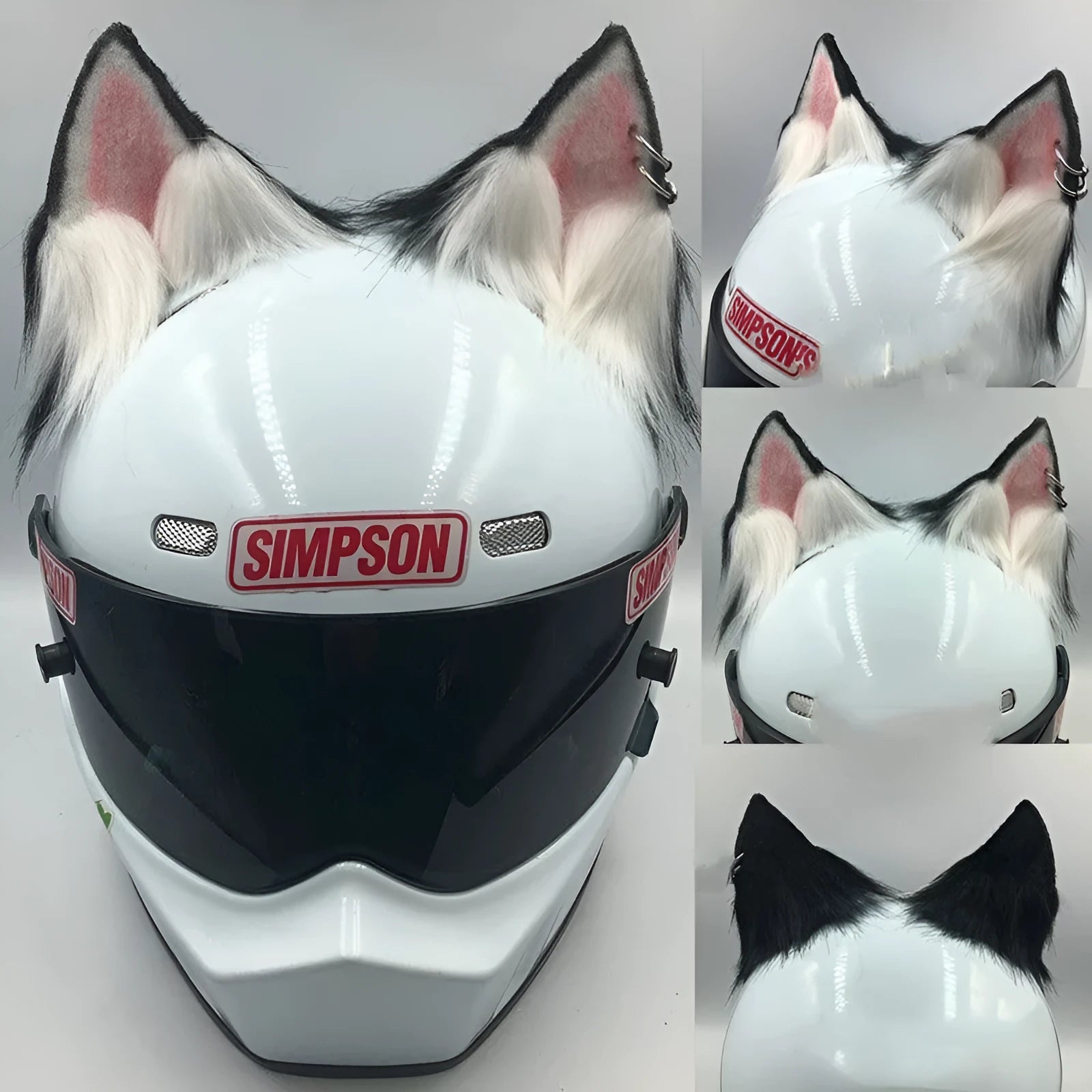 Set of detachable animal ears and tail ornament for motorcycle helmet, shown in black and white wolf design.