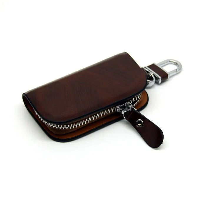Genuine leather car key case with zipper closure in black or brown