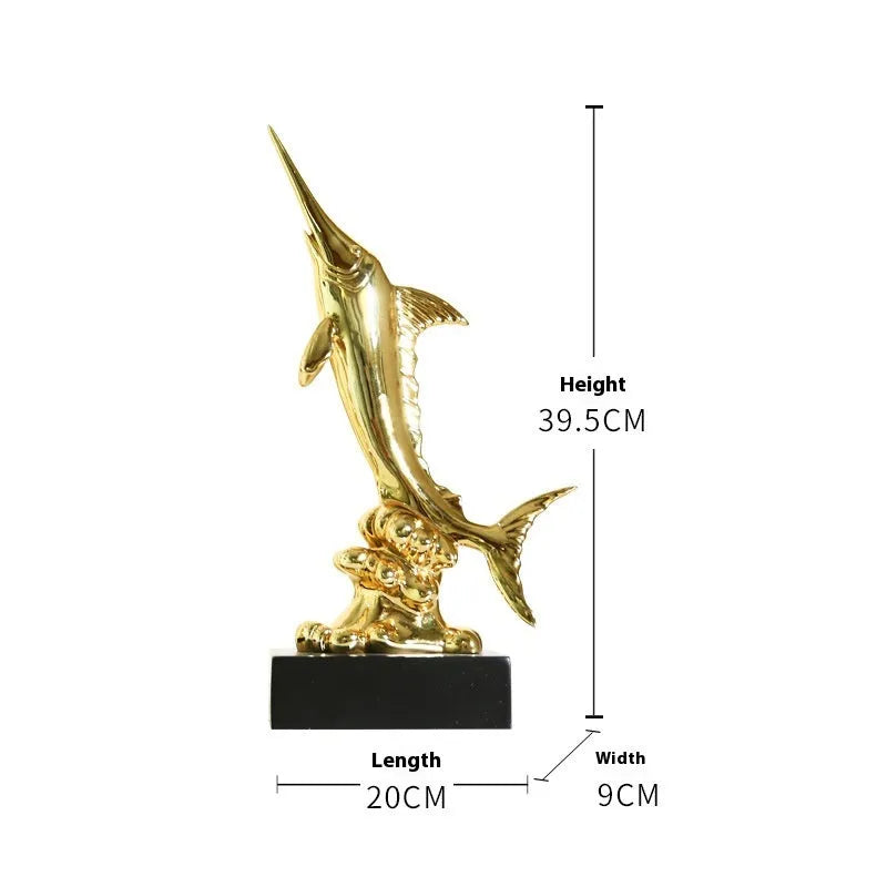 European-style resin swordfish decorative ornament in a choice of four colours on a shelf.