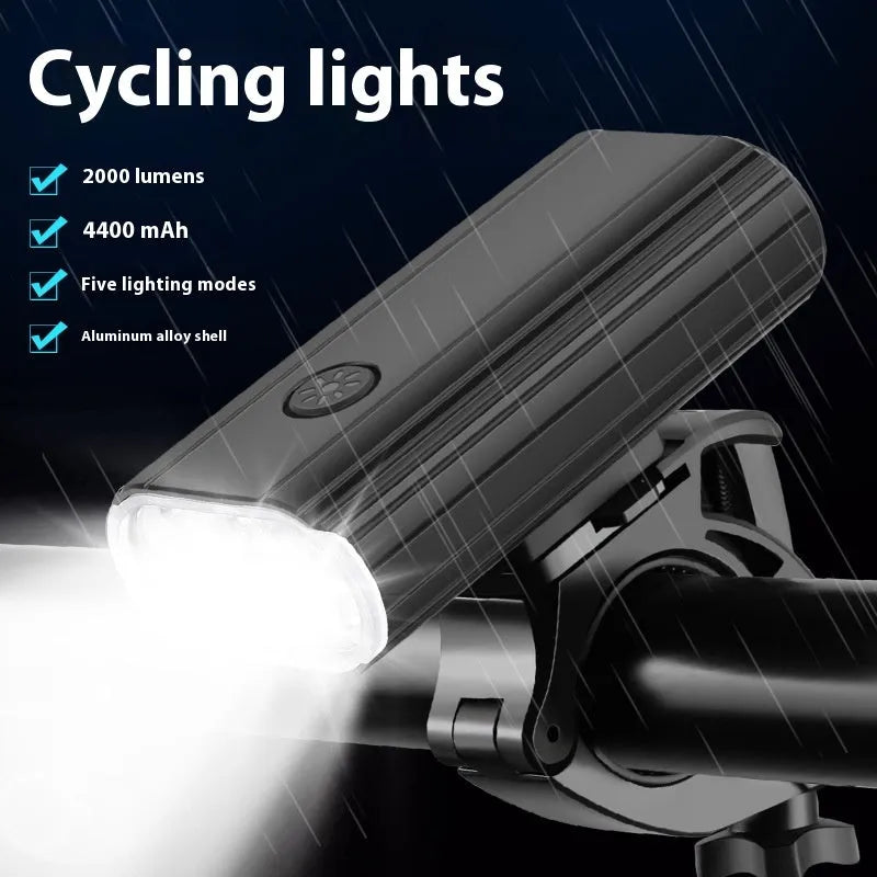 Aluminium alloy bicycle headlight showing six XPT lamp beads, USB Type-C port, and quick release mounting bracket