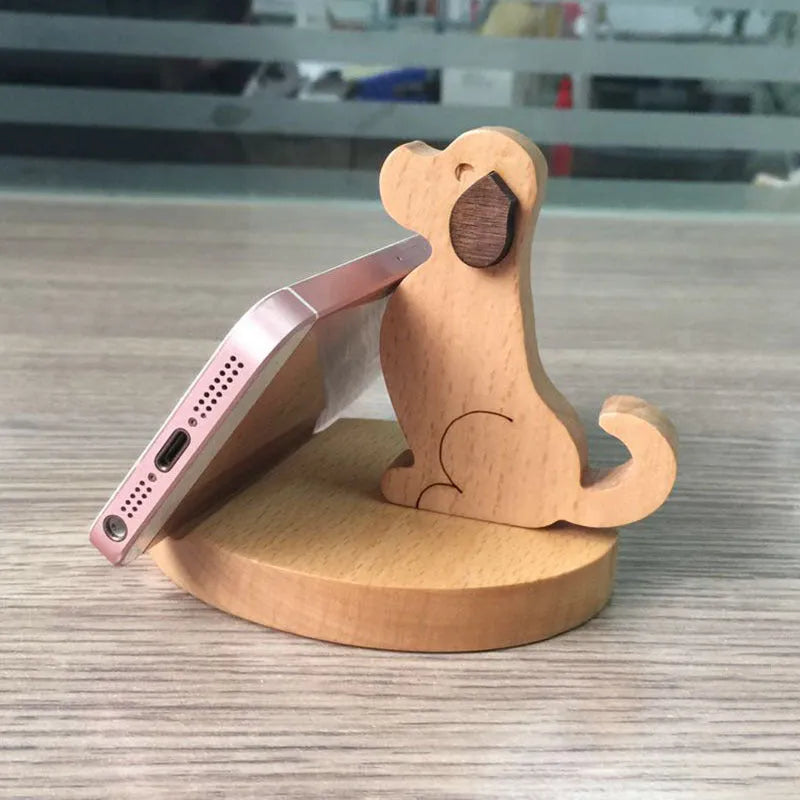 Handcrafted beech wood and resin lazy bracket mobile phone holder on a wooden desk