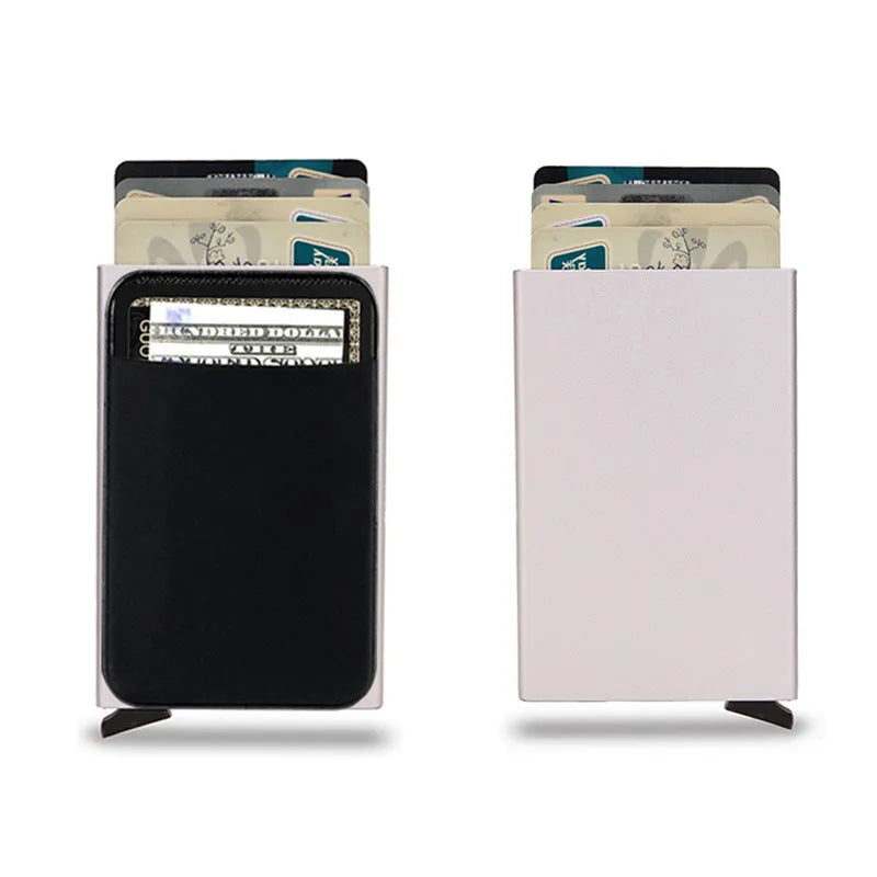 Frosted metal slim credit card wallet in aluminium alloy showing colour options.
