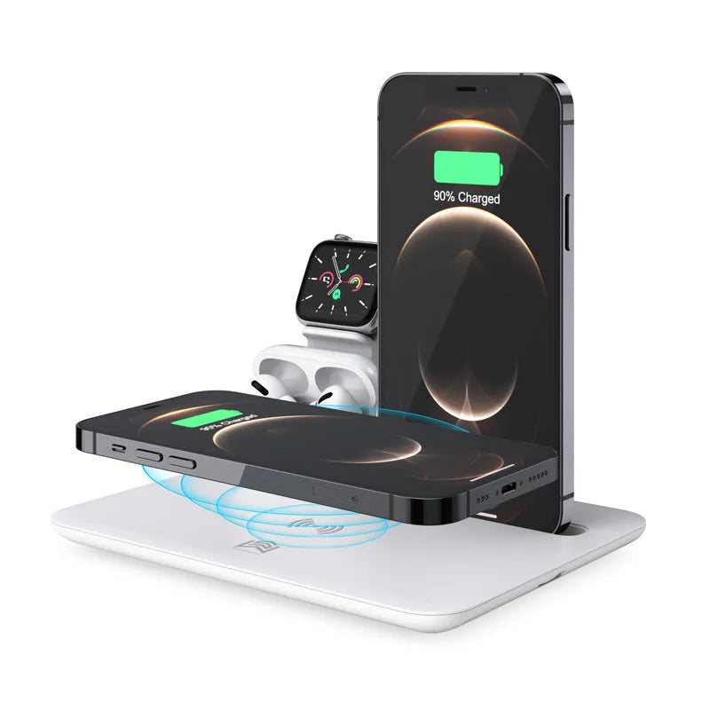 Black desktop wireless charging stand with a phone on its Qi pad and cables connected to its USB ports.