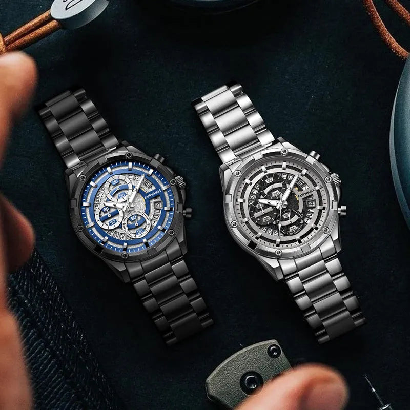 Men's waterproof luminous quartz watch with steel belt in black/blue, black/gold, or silver/white colour options
