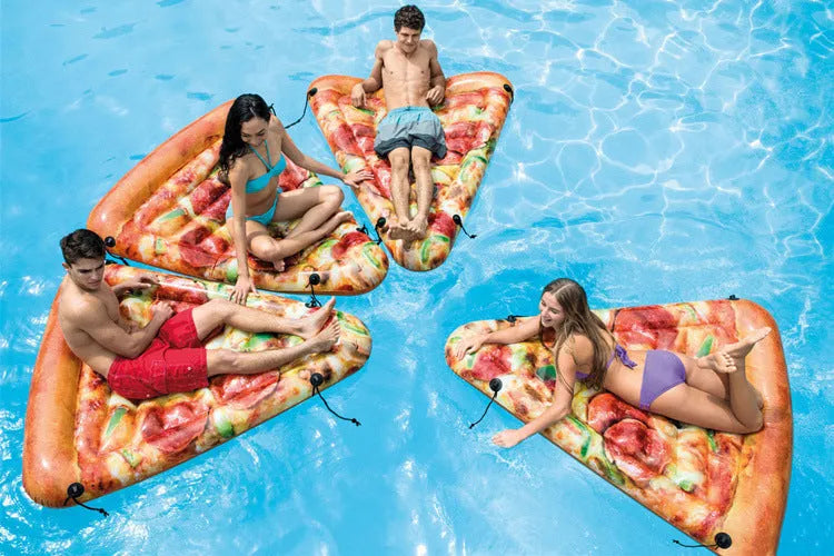 Blue pizza float surfboard inflatable recliner with red trim measuring 175cm x 145cm for pool lounging