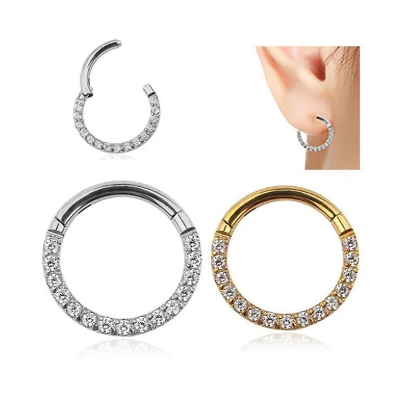 Stainless steel seamless nose ring showing colour options: black, gold, rose gold, and steel.