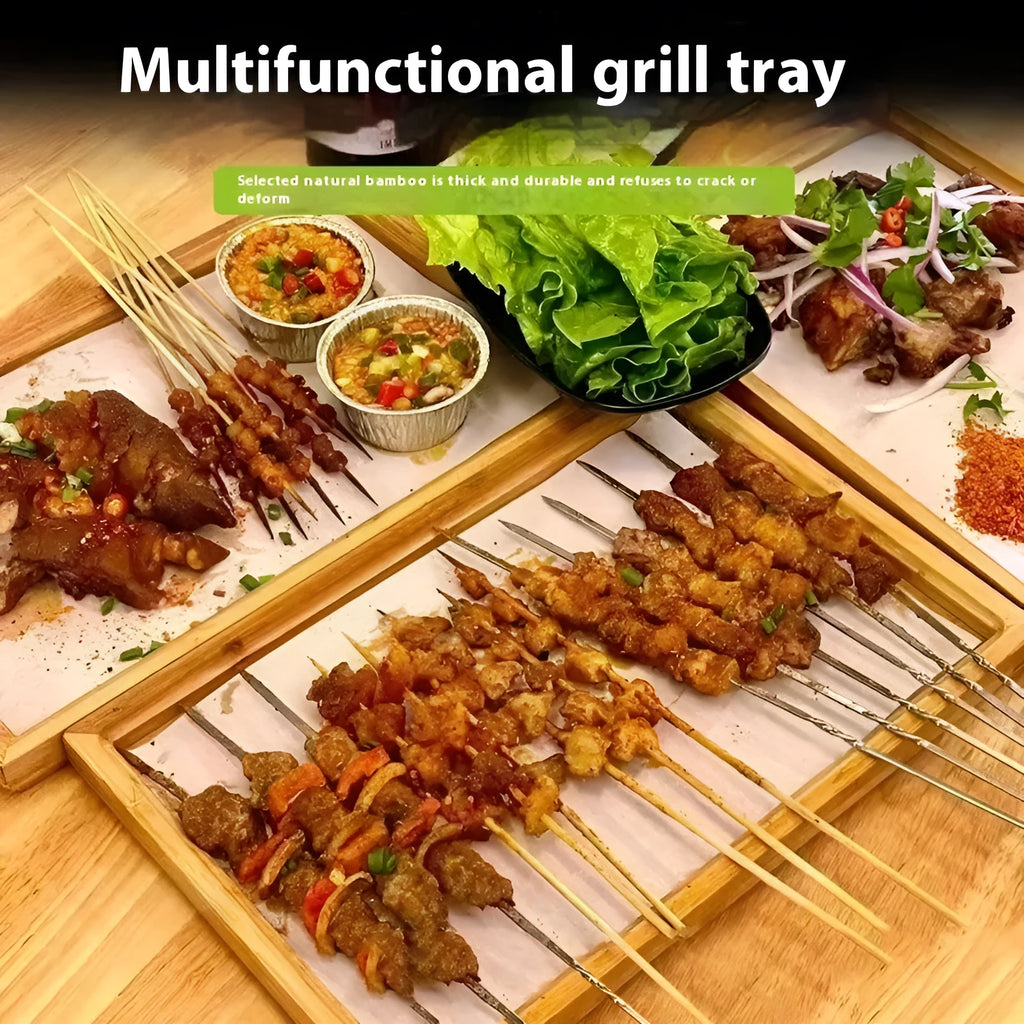 Brown-handled bamboo barbecue tray in square shape with pastoral design
