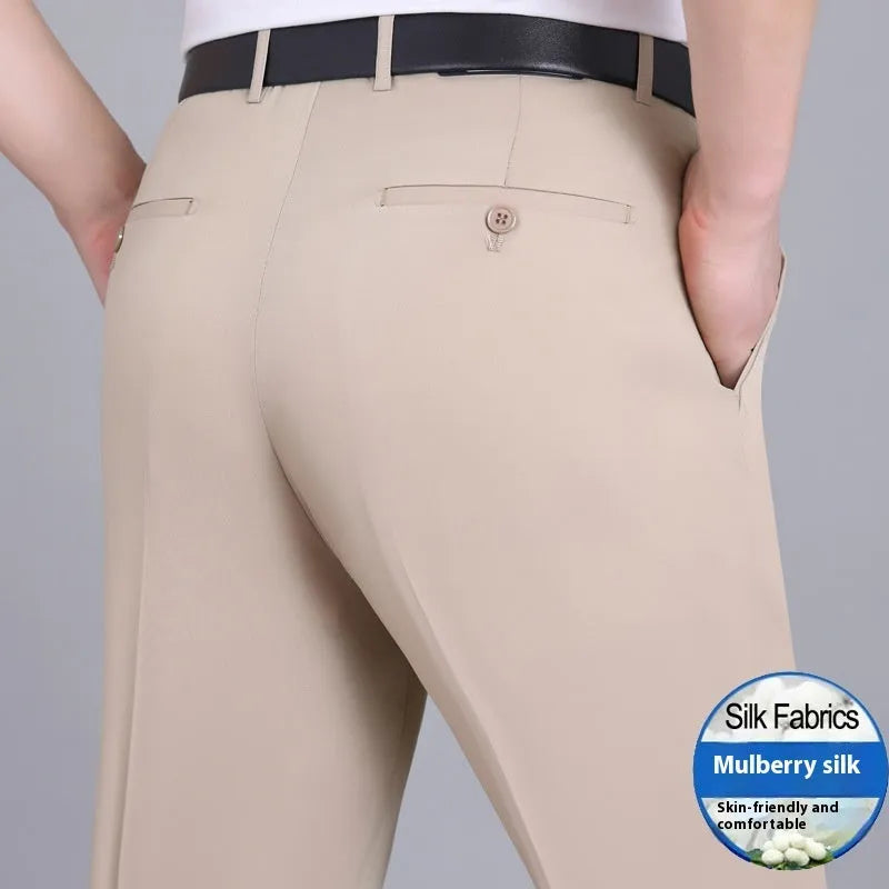 Men's straight-cut business trousers in dark blue with high waist and non-ironing construction