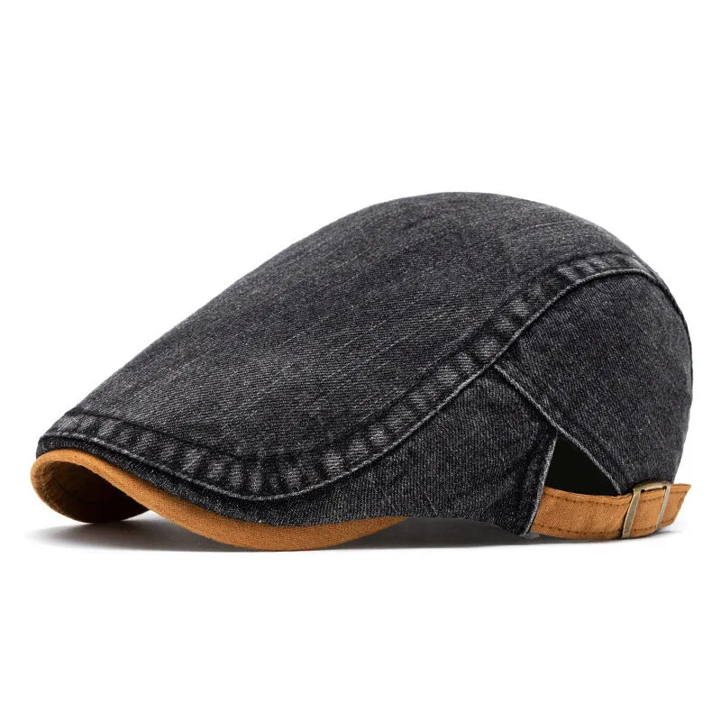 Men's washed-out denim contrast colour beret with flat top crown and adjustable cotton fit