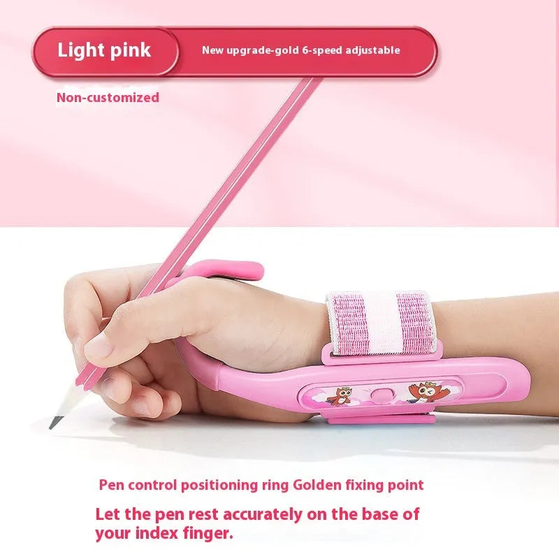 Blue and pink anti-hook wrist brace pen grip corrector for children's handwriting, made from white ABS nylon.