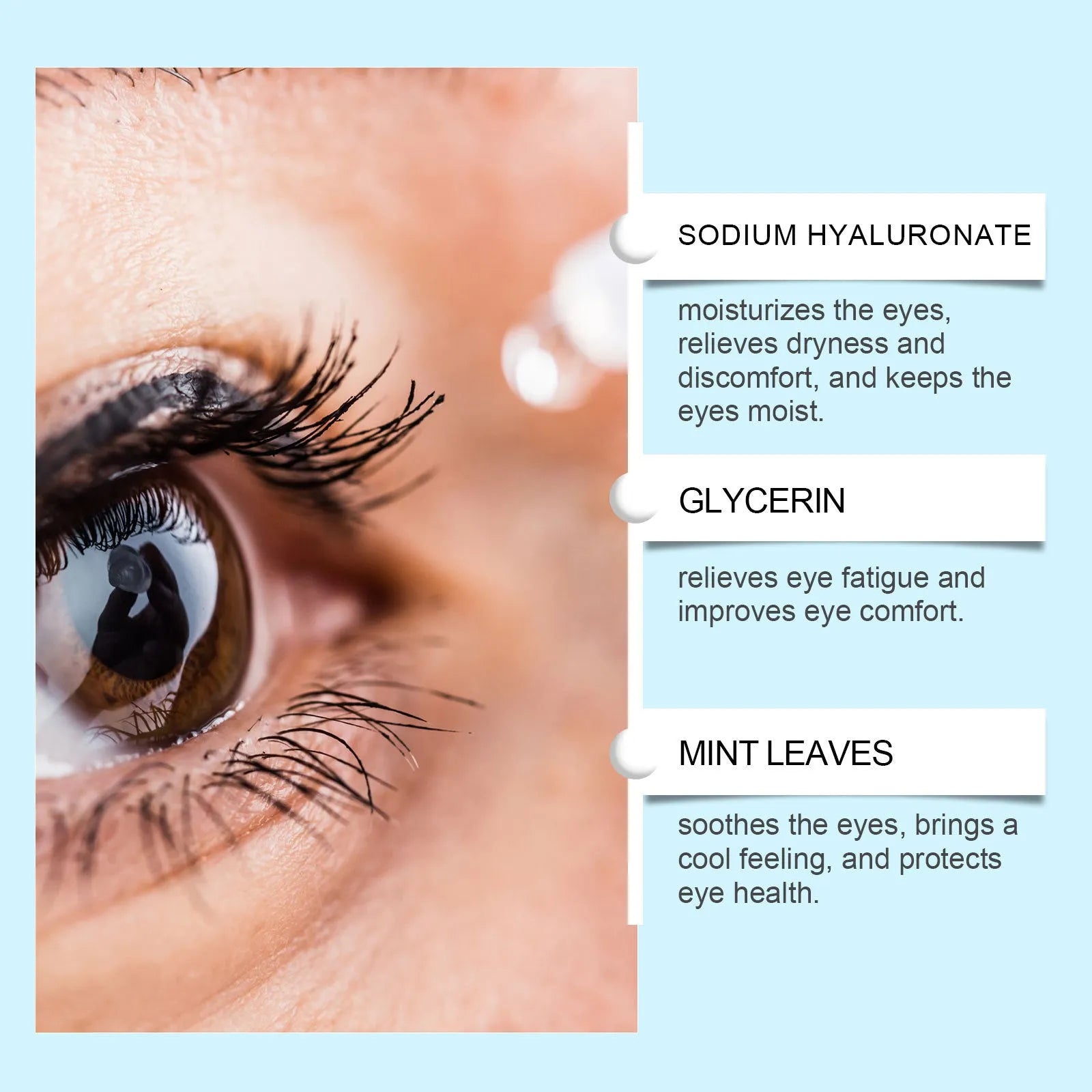 Bright and Gentle Care moisturising eye drops bottle with mint leaf and sodium hyaluronate formula