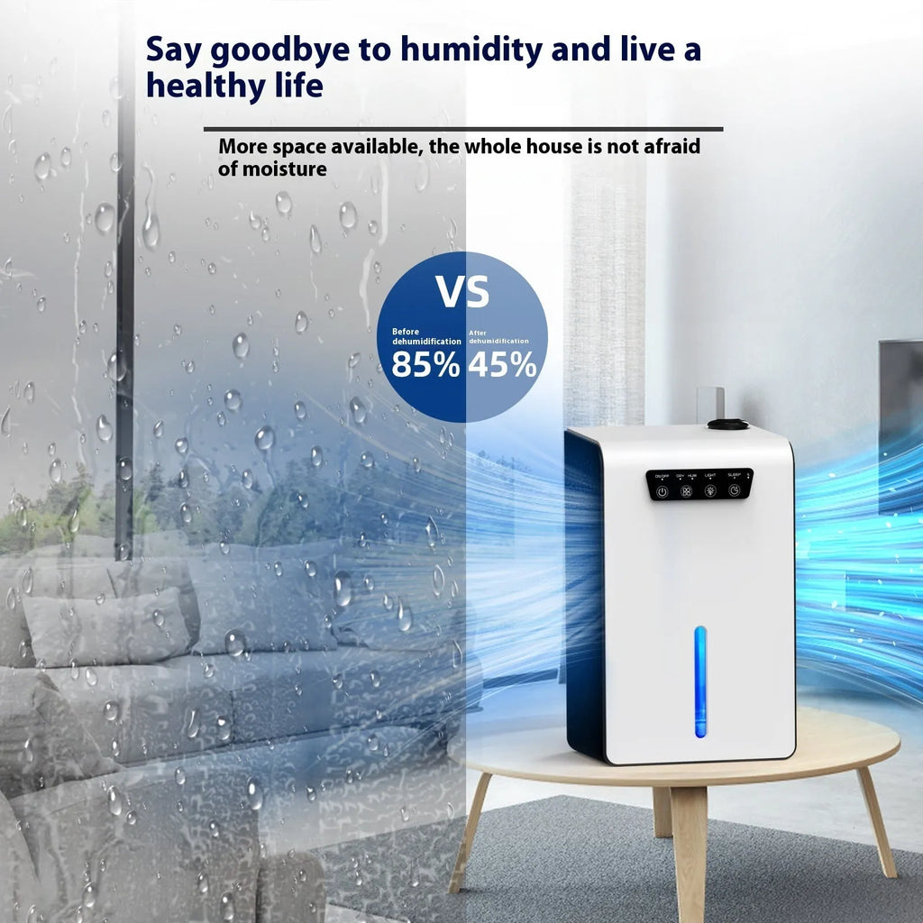 Milky white compact household dehumidifier with removable water tank for bedroom moisture control