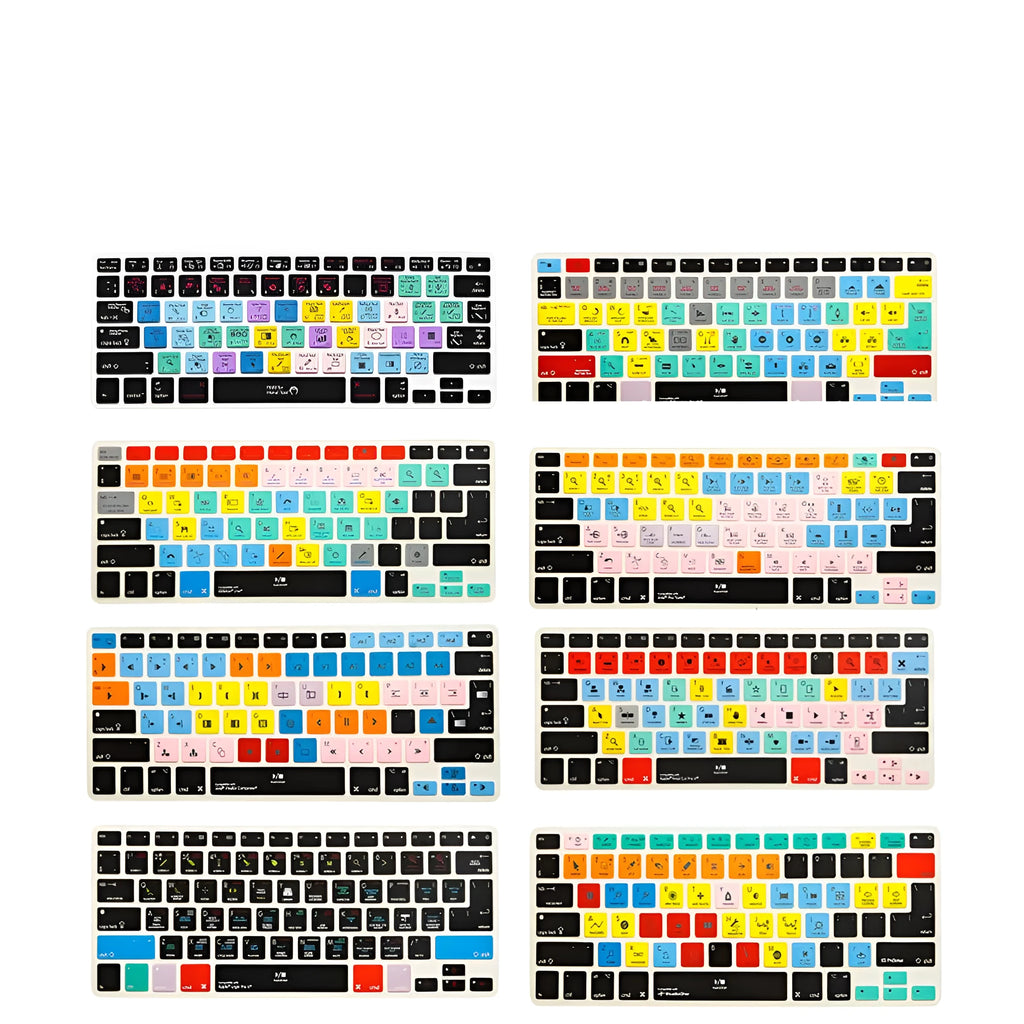 Silicone keyboard film for MacBook Pro and MacBook Air showing shortcut keys, 13 15 17 size options.