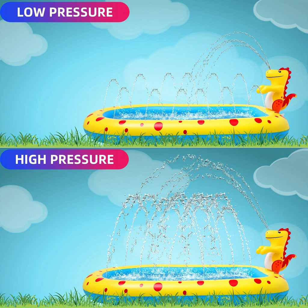 Blue dinosaur inflatable water spray pool measuring 170cm long with water play features