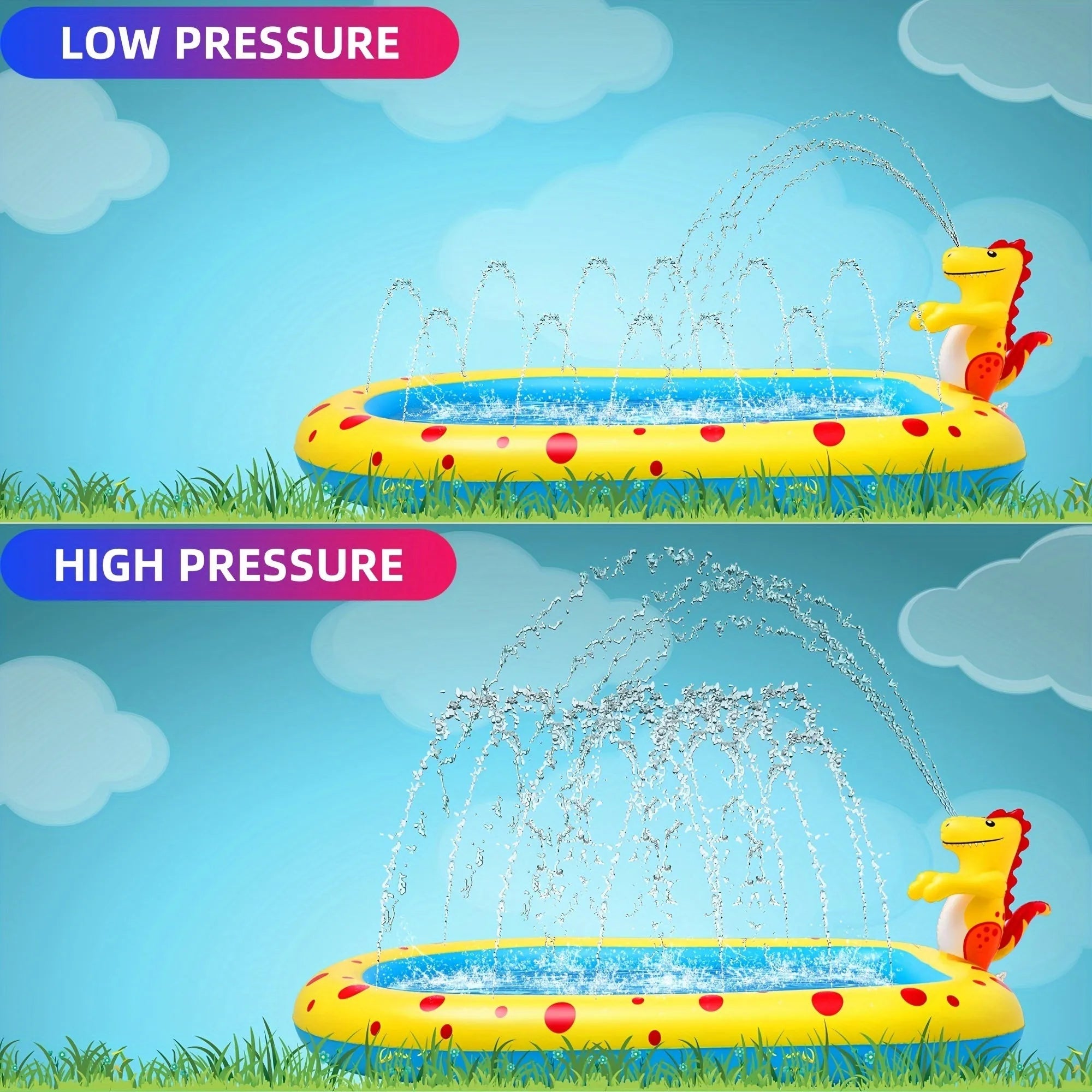 Blue dinosaur inflatable water spray pool measuring 170cm long with water play features
