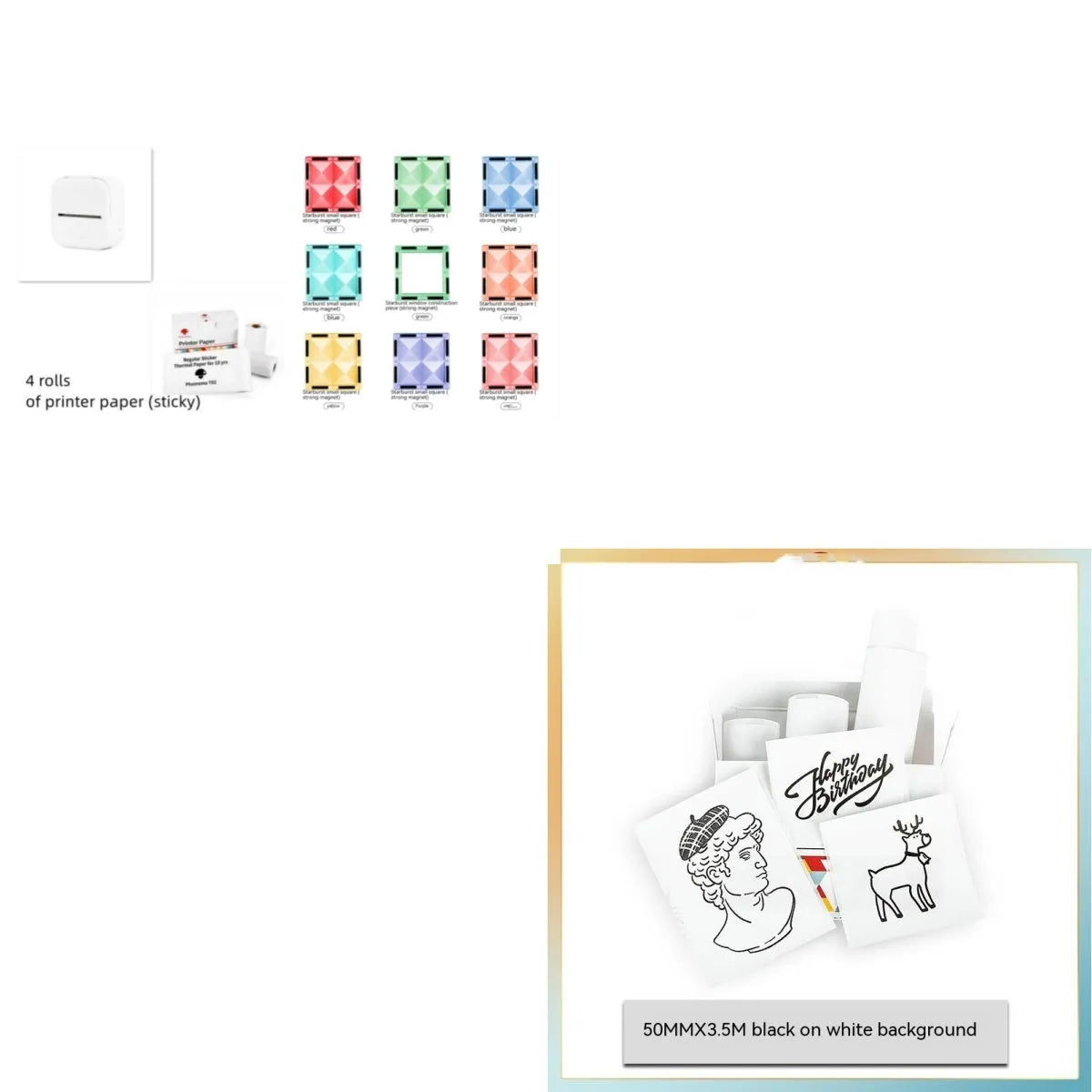 Portable mini thermal label printer in white, 87mm by 90mm by 40mm, with Bluetooth connectivity and inkless printing