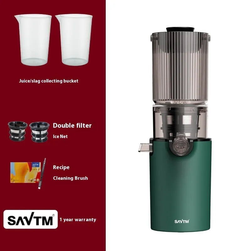 Full-automatic juicer in green with single mesh, PC food grade liner, 1001-1500ml capacity, USB power