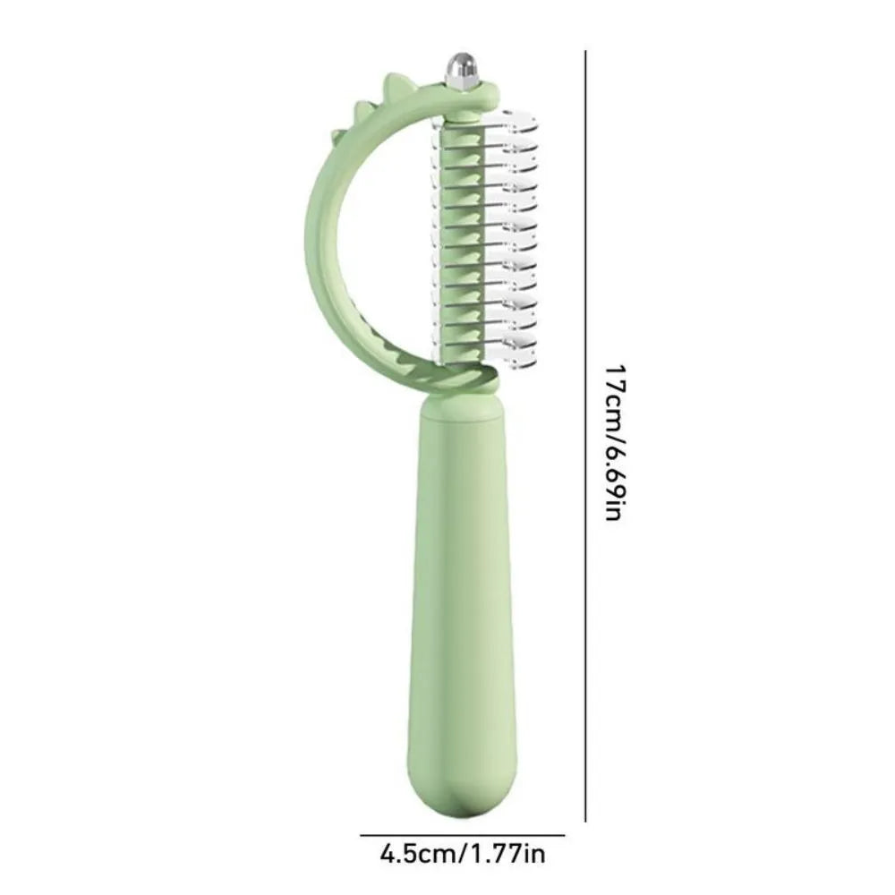 Dinosaur-shaped double-sided cat brush with self-cleaning mechanism in blue, green and white colours