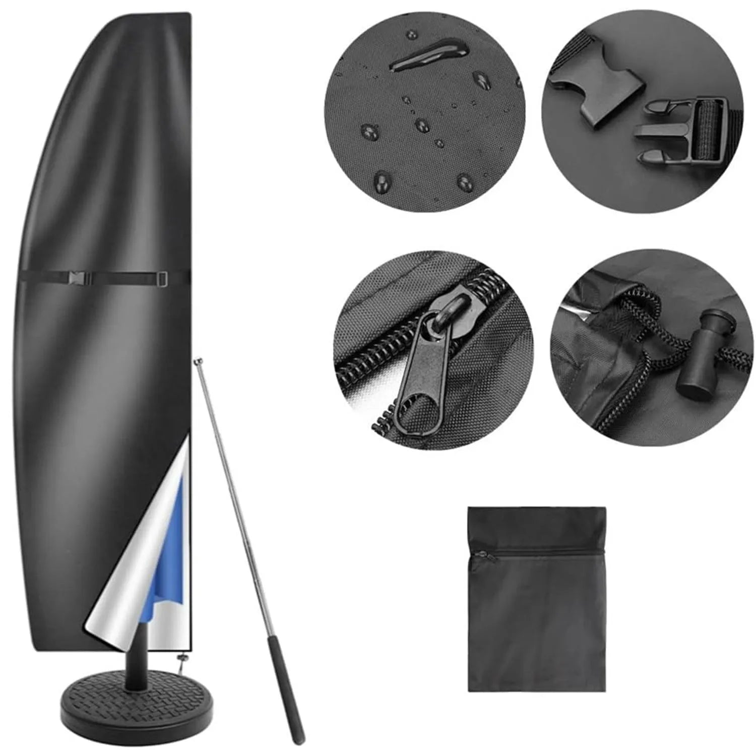 Waterproof outdoor umbrella cover in oxford cloth showing black and grey colour options