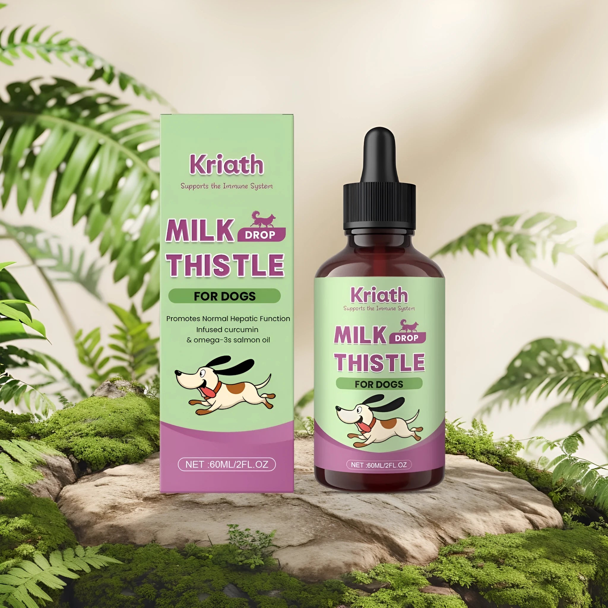 60ml bottle of dog milk thistle extract nutrient solution liquid supplement with turmeric and omega-3