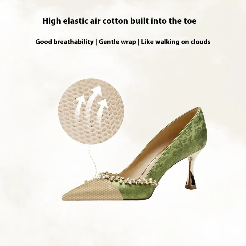 Chinese style wedding high heels with satin upper and rhinestone decoration in champagne colour