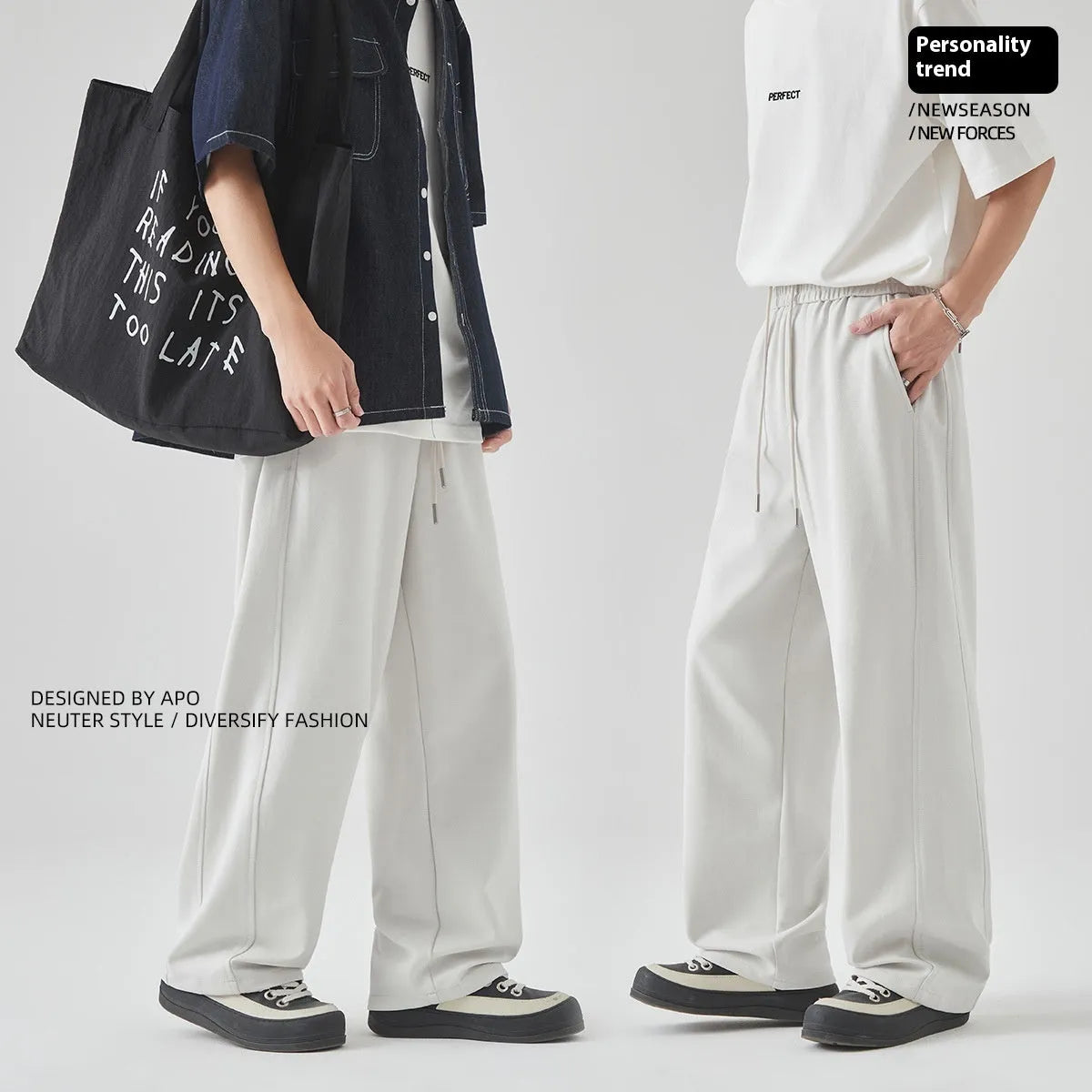 Men's straight-leg casual trousers in Paris grey with high waist and lace-up detail
