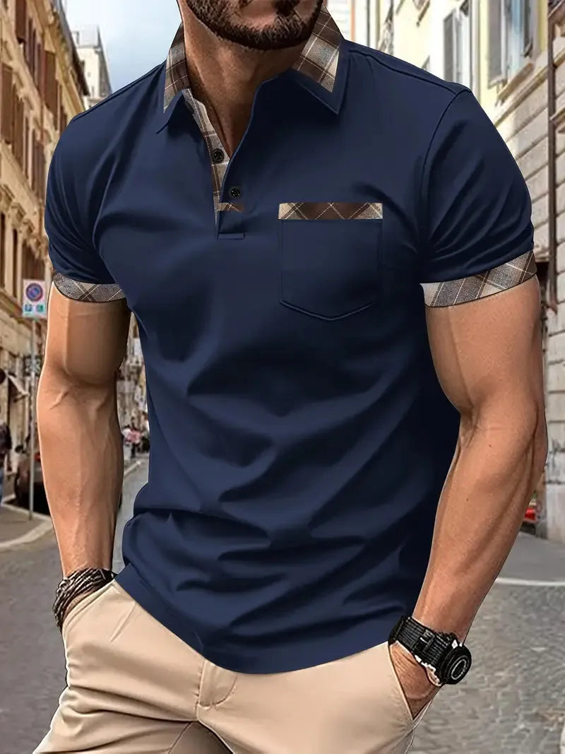 Men's loose fit plaid colourblock short sleeve t-shirt with zipper details on a neutral background.