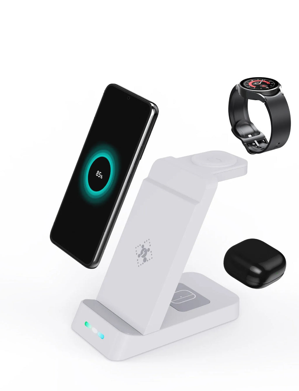 Black and white 3-in-1 wireless charging station with phone stand, showing charging areas for phone, watch, and earbuds.
