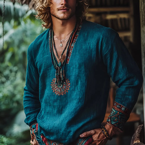 Boho style vintage printed long sleeve casual top in polyester fabric on a model.