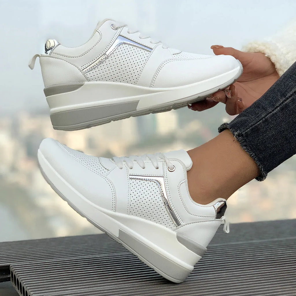 Women's wedge platform casual shoes in PU leather with a lace-up front and rubber sole.