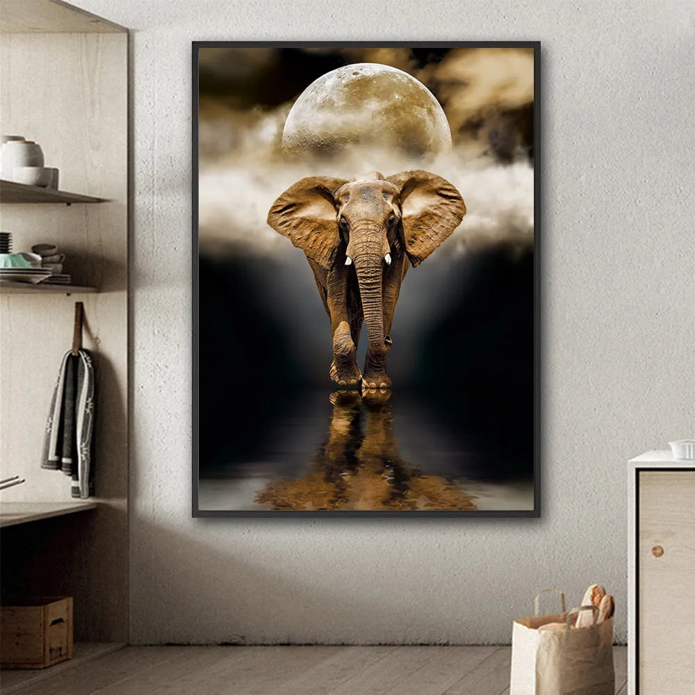 Frameless oil-on-canvas elephant painting in black, rectangle shape, multiple sizes for living room wall decor