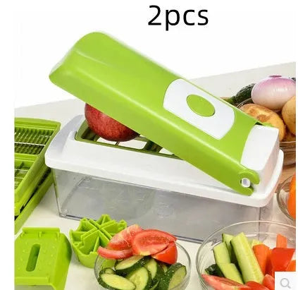 Green 12-piece manual food chopper set with stainless steel blades and ABS plastic body