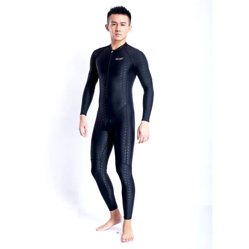 Unisex Pure Black shark skin zipper one-piece quick-dry swimsuit on model