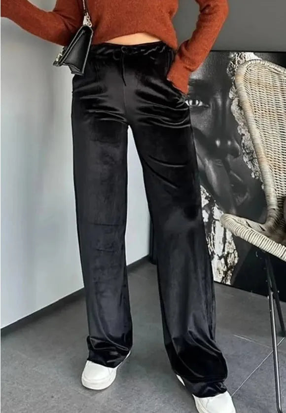 Black shiny velvet high waist straight leg casual pants with drawstring