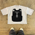 Cotton short sleeve T-shirt with retro graphic print and drop shoulder sleeves in streetwear style.