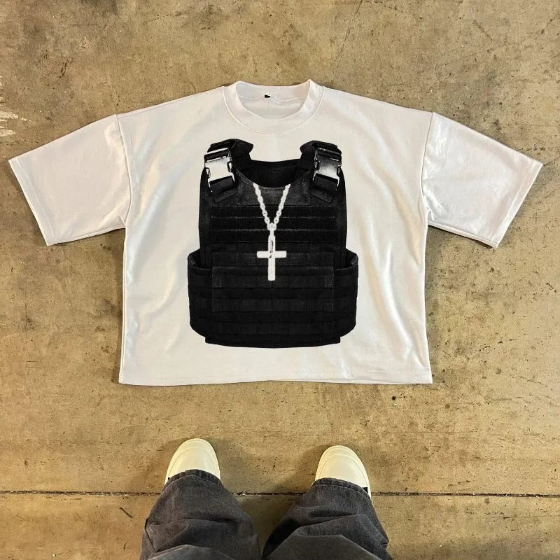 Men's printed cotton short sleeve T-shirt in retro street style with drop-shoulder design.