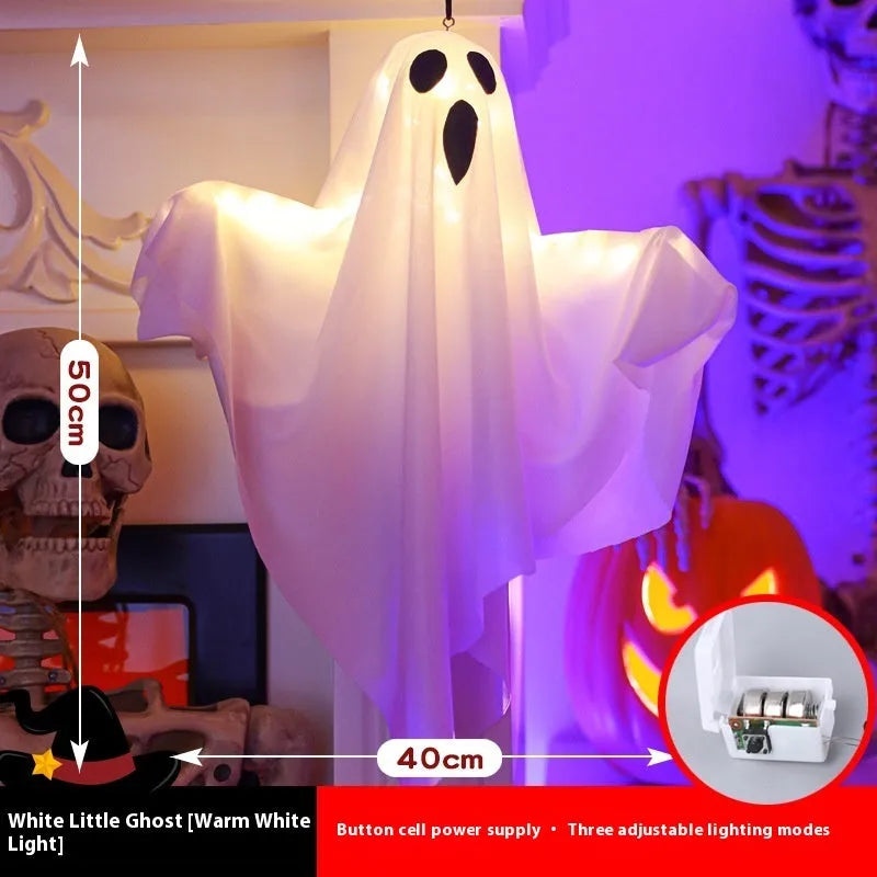 Luminous white ghost Halloween light with cloth construction and button electronics