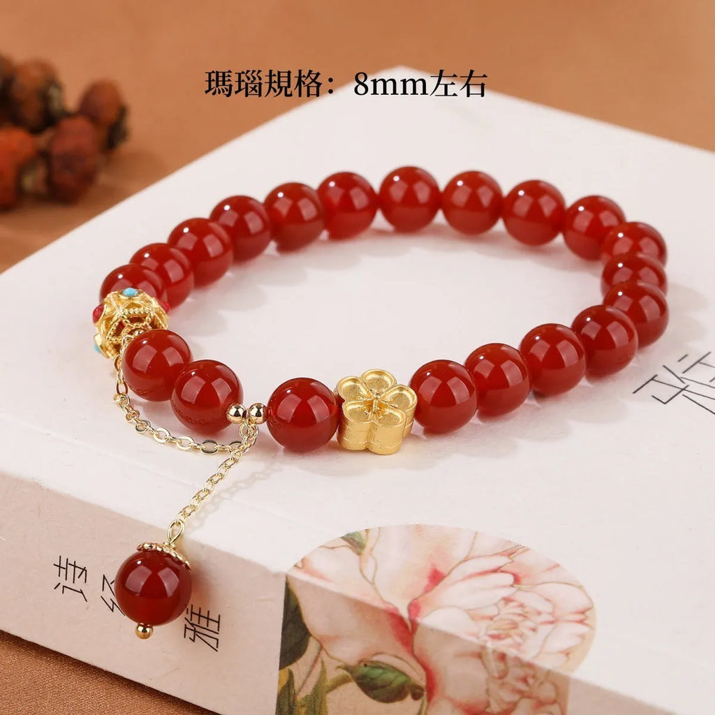 Handcrafted agate bracelet with 8mm natural stone beads and peach blossom copper components