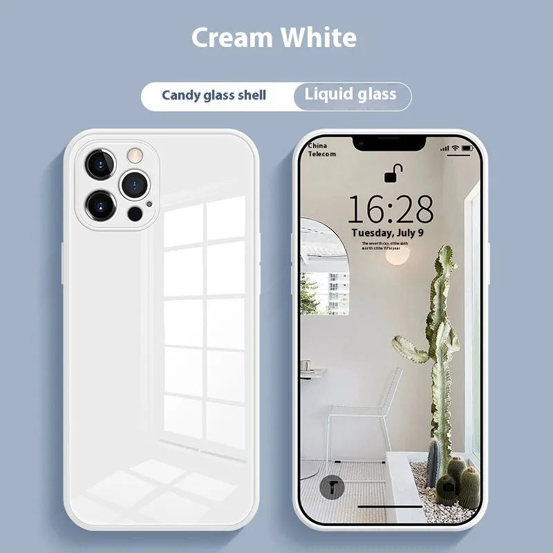 White tempered glass all-inclusive drop-resistant phone case for iPhone with cream white finish and simple ins style