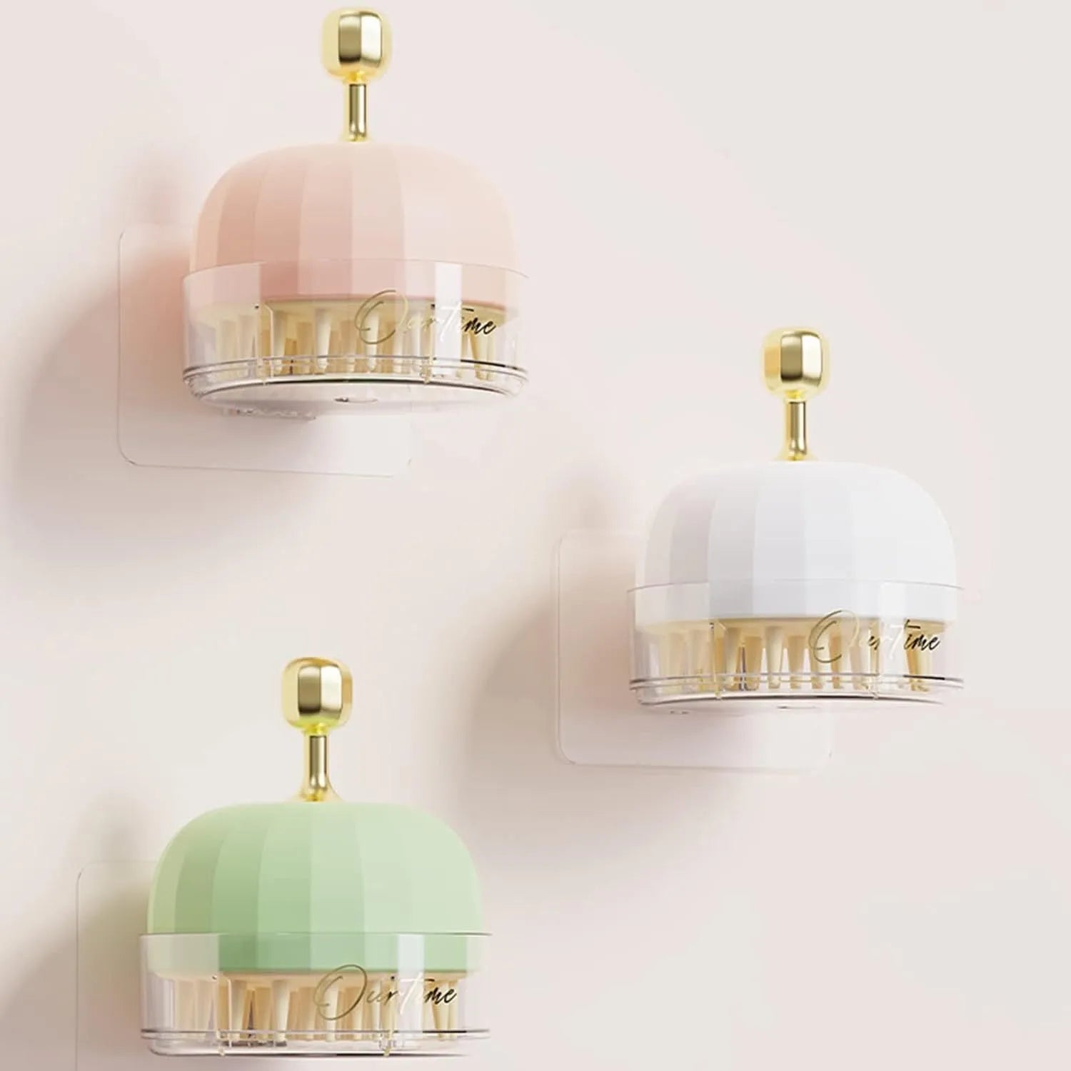 Four pet shampoo massage brushes in green, pink, and white colours with double-sided design and drain holes