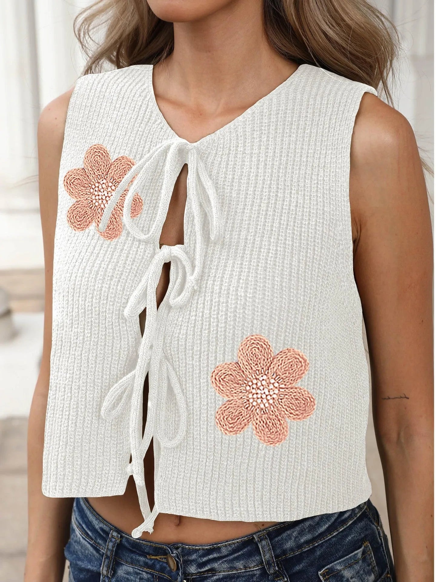 Ladies lace-up bow cardigan vest in deer plush fabric with floral pattern and short length