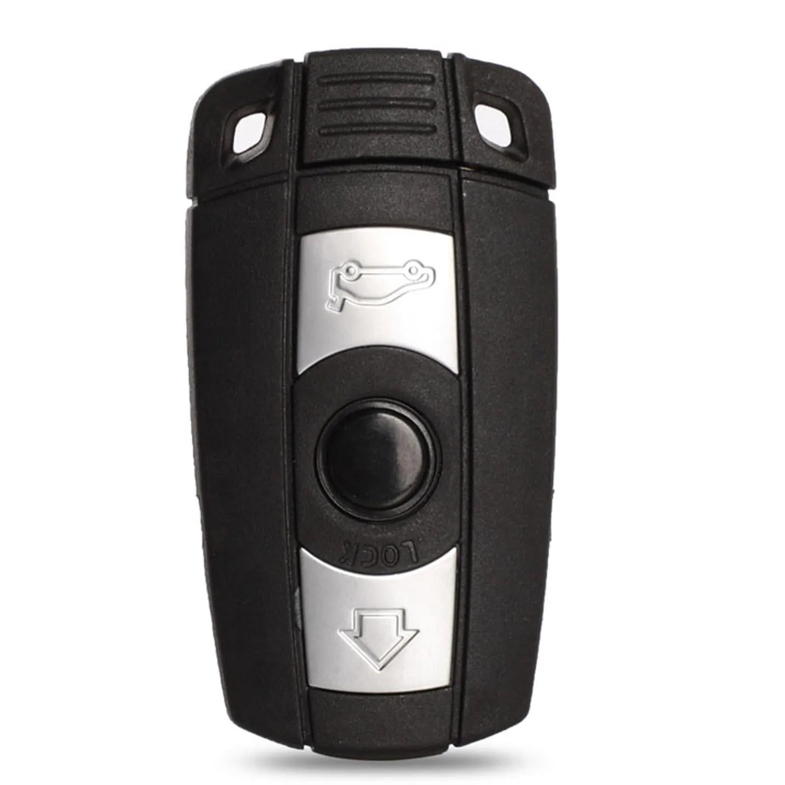 BMW semi-intelligent remote car key fob with three buttons, metal and plastic casing.