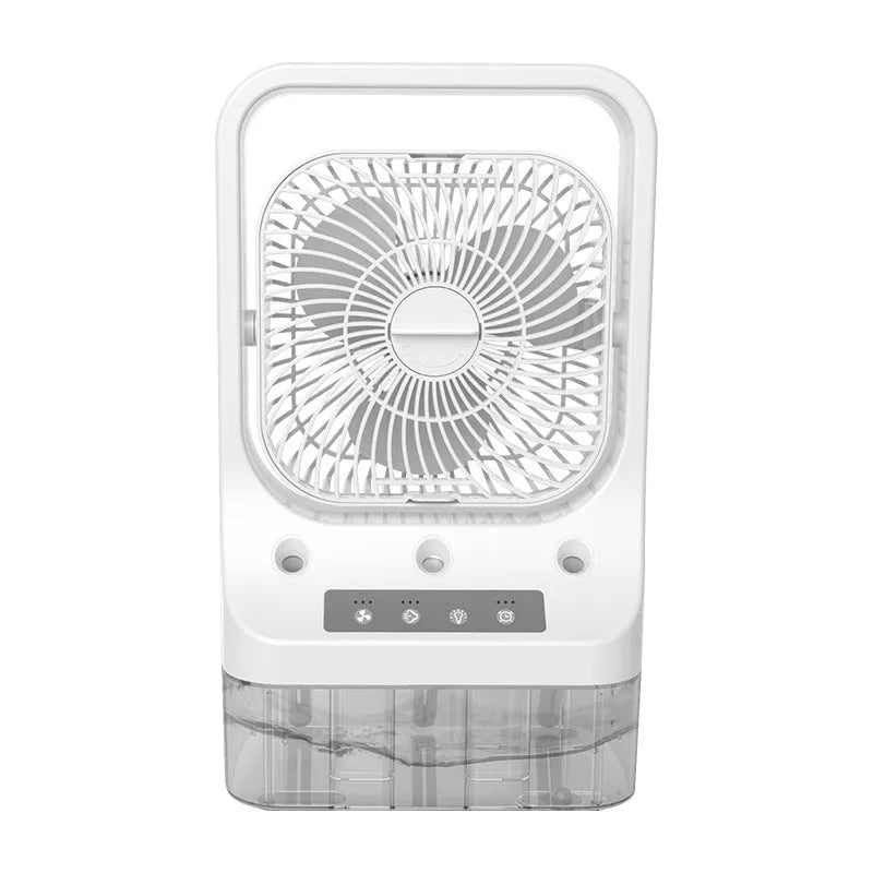White USB rechargeable water-cooled air cooler fan with adjustable head on a table.