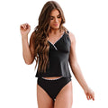 A black sleeveless women's nylon bikini set on a mannequin.