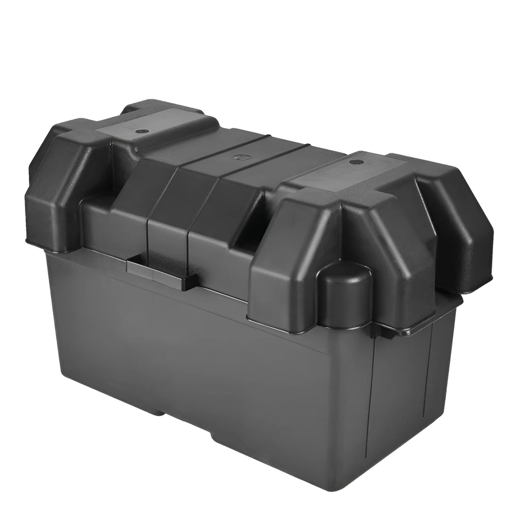 Black PP plastic battery storage box with strap and base screw fixing system shown in two size options