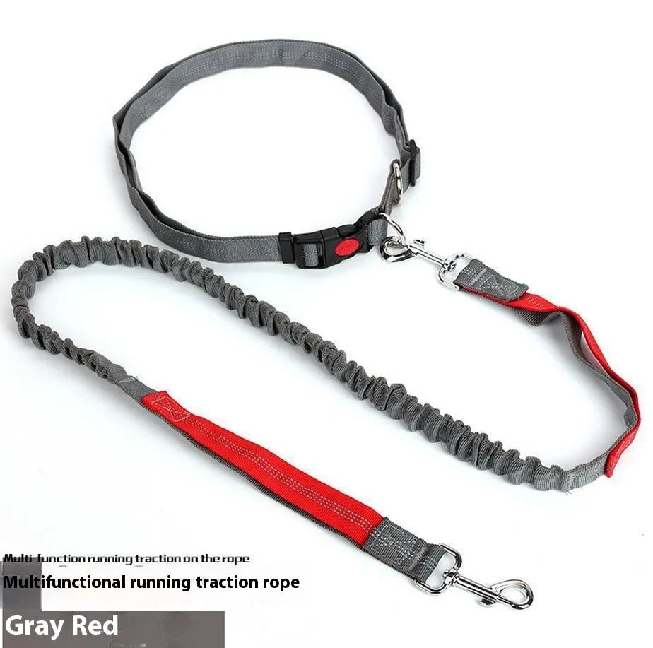 Outdoor running dog leash with night reflective filament sling and elastic adjustment in nylon construction
